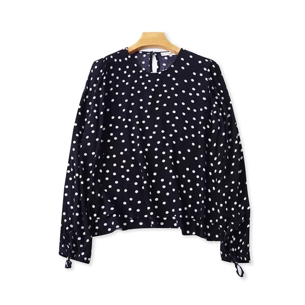 Polka Dot Top round crew neck long sleeve loose fit blouse